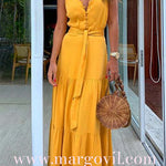 Margovil Buttons V Neck Sleeveless Tie Waist Maxi Swing Dress