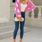 Nadorine Women's Cute Daisy Knit Cardigan Long Sleeve Casual Flower Open Front Sweater Tops