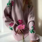 Round Neck Rose Print Sweater