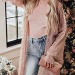 Rose Tan Open Front Long Sequin Bell Sleeves Cardigan