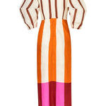 Kaya Linen Blend Color Block Print Front Cutout Knot Puff Sleeve Maxi Dress