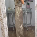 Rita Metallic Fabric Back Buttons Crop Tank and Elastic Waist Pocketed Wide Leg Pants Set