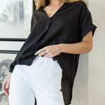Short Sleeve V-Neck Shirt Button Down Back Irregular Hem T-Shirt Tops