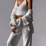 Nadorine Women's Chic V-neck Knitted Three-piece Set Sleeveless Crop Vest and Sweater Cardigan & Solid Wide Leg Pants