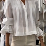 Long Sleeves Elasticity Solid Color Split-Joint Tiered Lapel Blouses&Shirts Tops