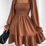 Square Neck Long Sleeve Shirred Ruffle Hem Dresses High Waist A Line Knee Length Elegant Mini Dress