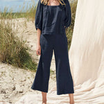 Solid Color Mid Sleeve Shirt & Cropped Pants Two Piece Set