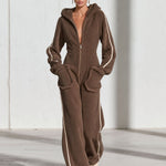 Casual Warm Fleece Color Block Long-Sleeved Hooded Jumpsuit