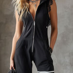 Sporty Retro Lace Striped Black Sleeveless Hooded Jumpsuit
