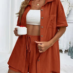 Two-Piece Set Short Sleeve Button Down Shirt Tops Sweat Shorts Summer Lounge Sets