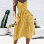 Solid Color Strap Open V-Neck Back Women's Dress with Pockets