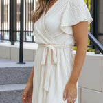 White Flutter Sleeve Wrapped Pleated Sashed Short Dress
