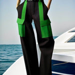 Half Sleeves Loose Contrast Color No Belt Pockets Split-Joint V-Neck Casual Pants Bottoms Trousers