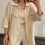 Nadorine Double Crepe Loose Oversized Lapel Long Sleeve Shirt Casual Pants Set