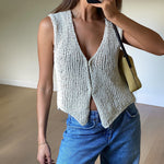 Vintage Knit Sweater Vest Open Front Out Hollow Tank Crop Sleeveless Button Out Top