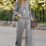 Two-Piece V-Neck Long-Sleeved Shirt and Solid Color Wide-Leg Pants Set