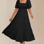 Square Neck Puff Short Sleeve Smocked Boho Maxi Dress Casual Flowy A Line Vacation Long Dress