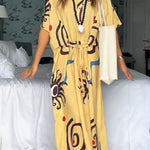 Helia Linen Blend Unique Print Drawstring Waist Kaftan Maxi Dress