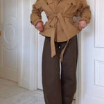 Camel tie waist short trench coat