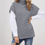 Turtleneck Sleeveless Cable Knitted Tank Tops Casual Loose Solid Sweater