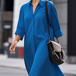 Long Sleeves Loose Solid Color Split-Joint Lapel Midi Dresses Shirt Dress