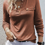 Ribbed Snap Button Henley Long Sleeve Top
