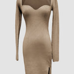 Vintage Square Neck Long Sleeve Slit Knit Dress
