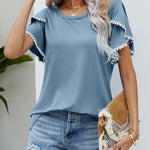 Pom-Pom Trim Flutter Sleeve Round Neck Tee Casual Blouses Tops