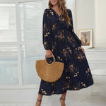V Neck Long Sleeve Floral Print Maxi Dress