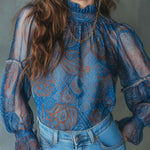 Vintage Pleated Neck Ruffle Cuffs Paisley Chiffon Blouse