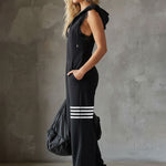Sporty Retro Lace Striped Black Sleeveless Hooded Jumpsuit