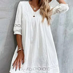 Solid Half Sleeve V Neck A-line Smock Dress