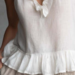 Boho Vintage Ruffled Sleeveless Cotton-Linen Top In Soft White