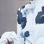 Long Sleeves Loose Buttoned Leaves Print High-Neck Blouses&Shirts Tops