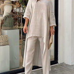 Two Piece Set Casual Retro Loose Long-sleeved Irregular Blouse and Loose Pants