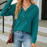 Solid Color Hooded Loose-Fitting Long-Sleeved Sweatshirt with Buttons
