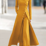 High Waisted Long Sleeves Buttoned Solid Color Split-Front Round-Neck Midi Dresses
