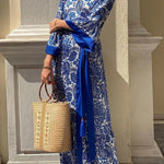 Greek Island Satin Unique Floral Print Tassel Belted Wrap Maxi Dress