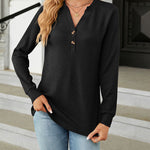 Solid Color V-Neck Button Loose Long Sleeve T-Shirt Top