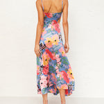 Spaghetti Strap Midi Dresses Sexy Deep V Neck Backless Floral Print Side Slit Maxi Dress