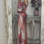 Satin Floral Print V-neck Half-sleeve Loose Top and Elegant Maxi Skirt Set