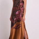 Drawing Inspiration Satin Floral Print Off Shoulder A-line Slit Maxi Dress