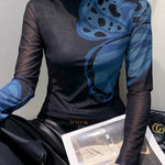Long Sleeves Skinny Butterfly Print Split-Joint Mock Neck T-Shirts Tops