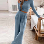 Two Pieces Sets Long Sleeve Crop Thread Top Casual High Waist Wide Leg Pants