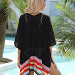 Hollow Out Beach Swimsuit Coverups Oversized Short Sleeve V Neck Loose Knit Bikini Cover Up