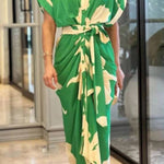 V-Neck Pleated Belt Short Sleeve Dress