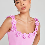 Cindy Faux Pearl Flower Applique Square Neck Pocketed Mini Dress