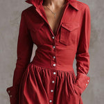 Exquisite Retro Western Lapel Front Button Red Windbreaker Style Cotton And Linen Maxi Dress