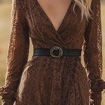 Elegant Brown Lace Front Slit Long Sleeve Maxi Dress