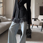 Solid Color Lace Panel Long Sleeve Button Elegant Blazer